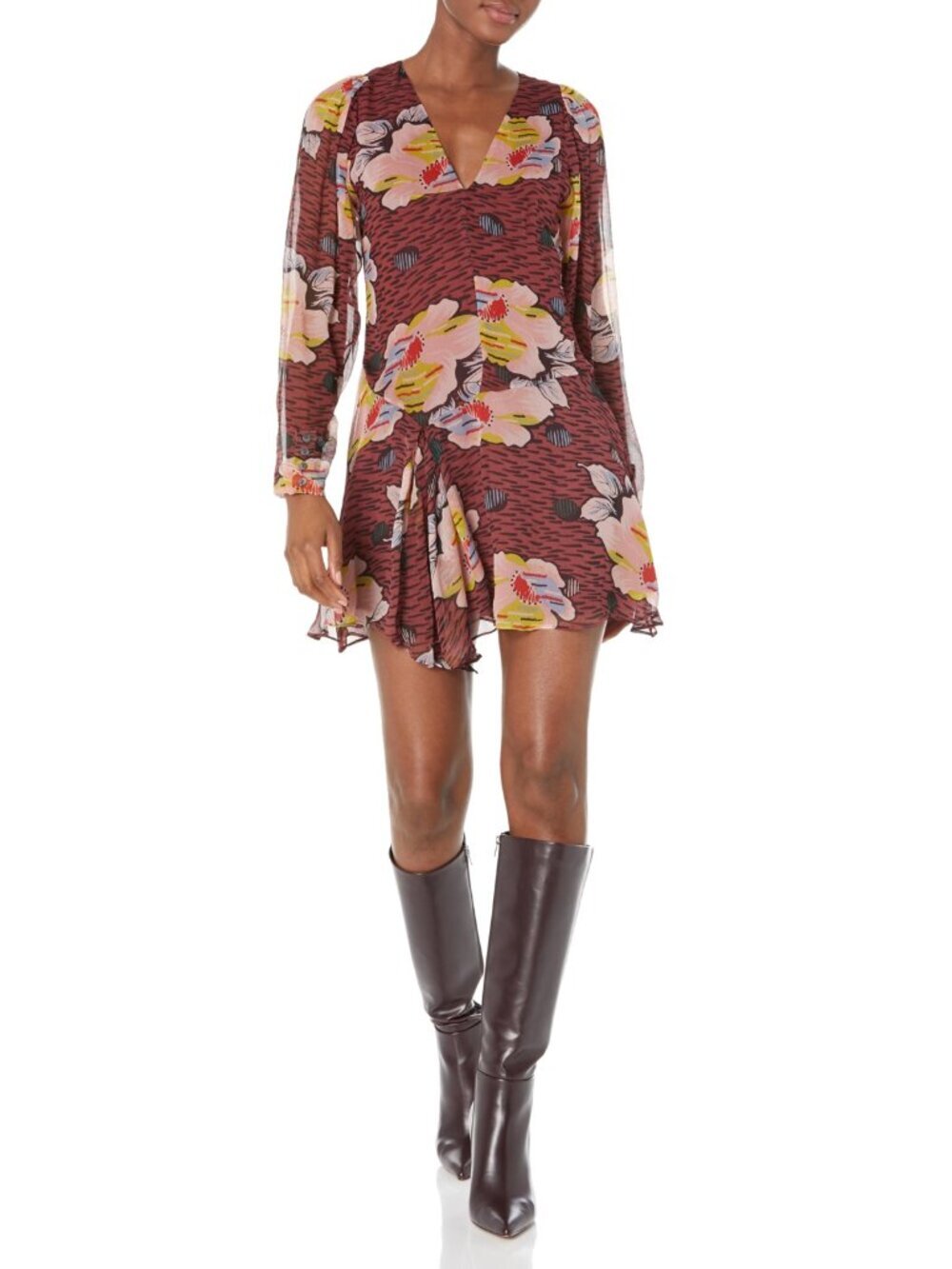 NWT New $428 Joie Odilia Mini Silk Long Sleeve Dress In Oxblood Multi Size 0